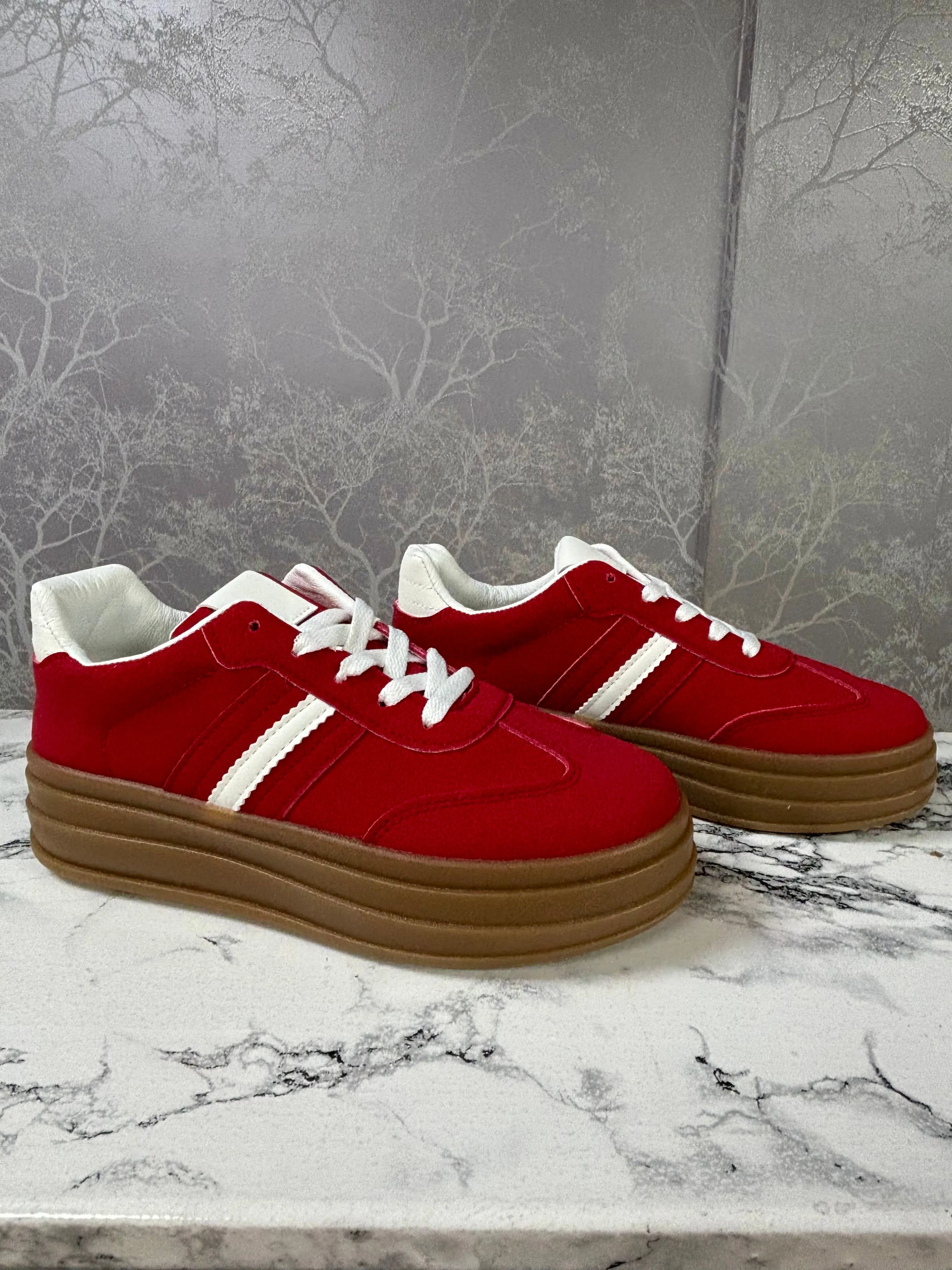 Chloe Side Stripe Lace Up Platform Trainers Red