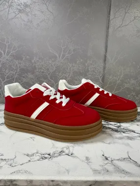 Chloe Side Stripe Lace Up Platform Trainers Red