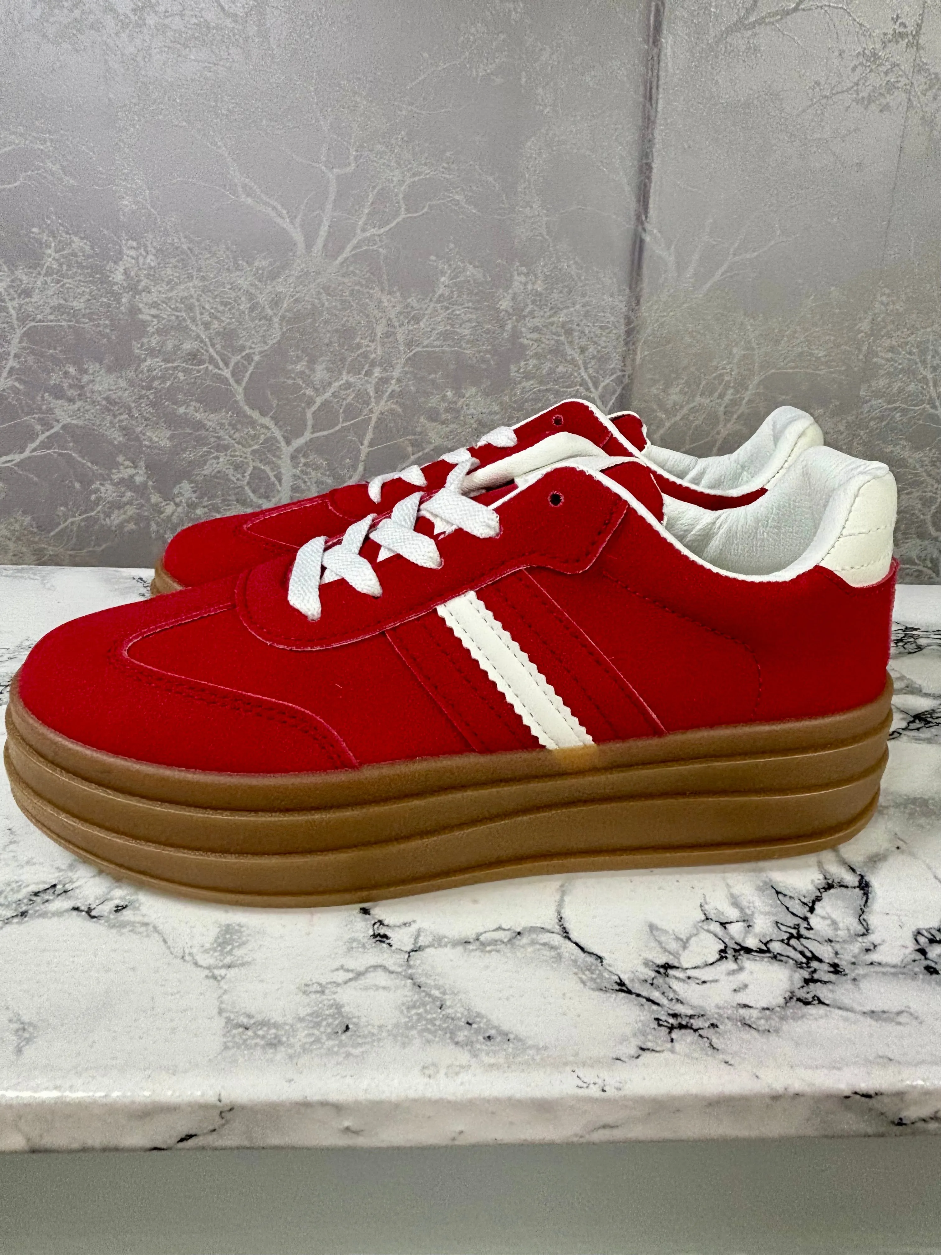 Chloe Side Stripe Lace Up Platform Trainers Red
