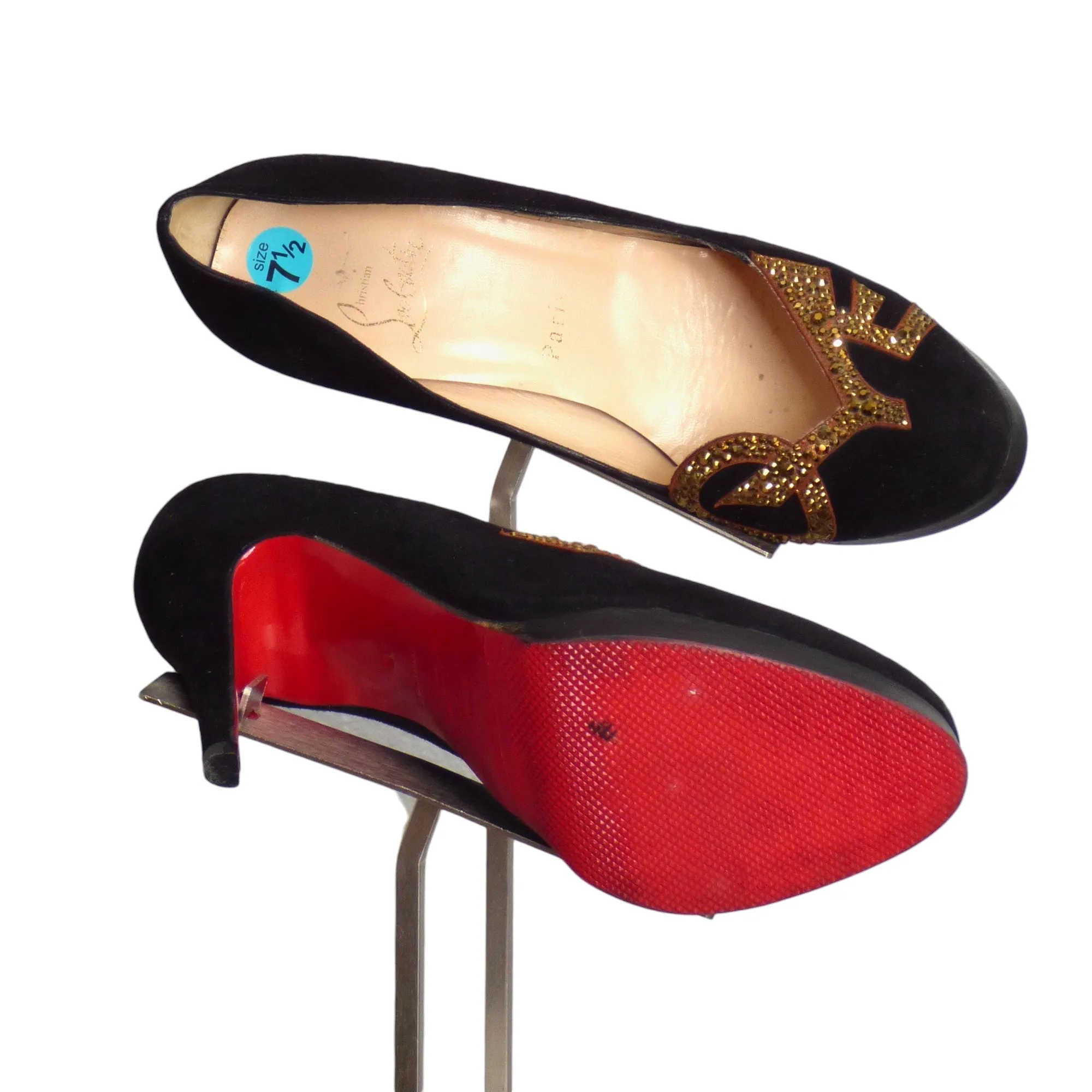 CHRISTIAN LOUBOUTIN- 2018 Black & Gold Rhinestone "Love" Pumps, Size 38