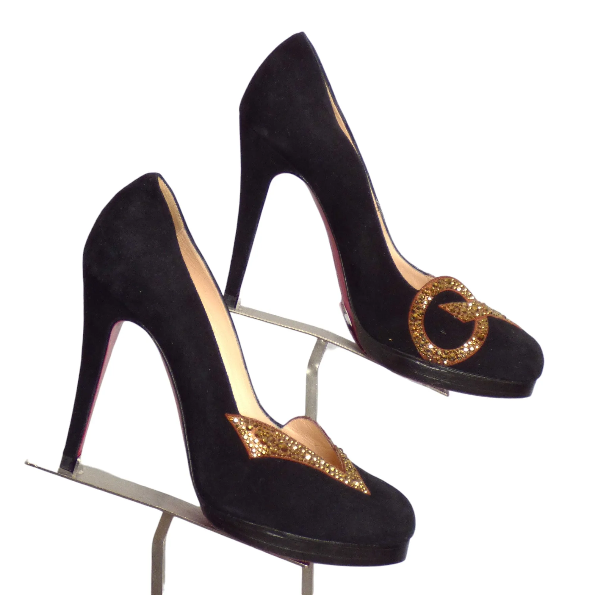 CHRISTIAN LOUBOUTIN- 2018 Black & Gold Rhinestone "Love" Pumps, Size 38