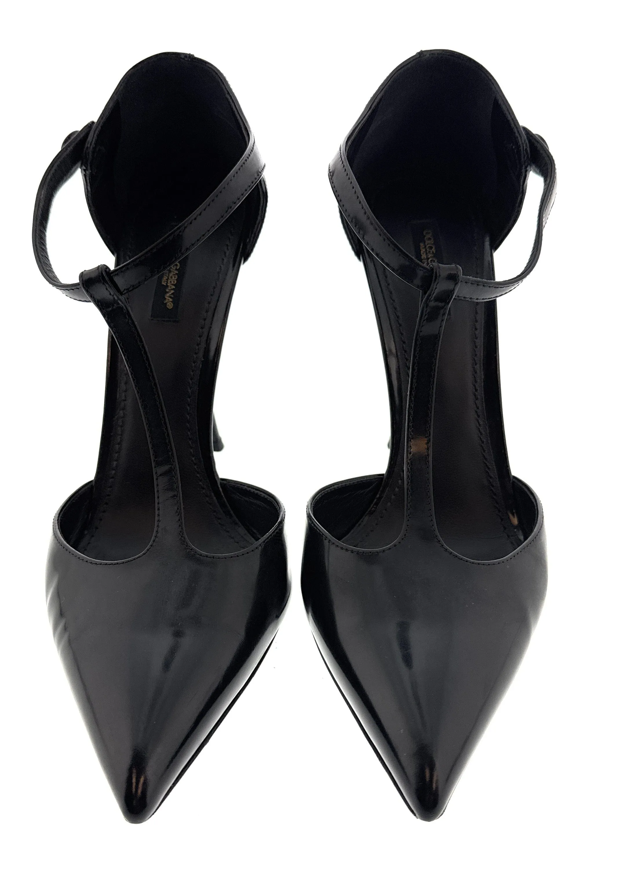 Dolce & Gabbana Black Glossy Patent T-Strap Heels-EU40