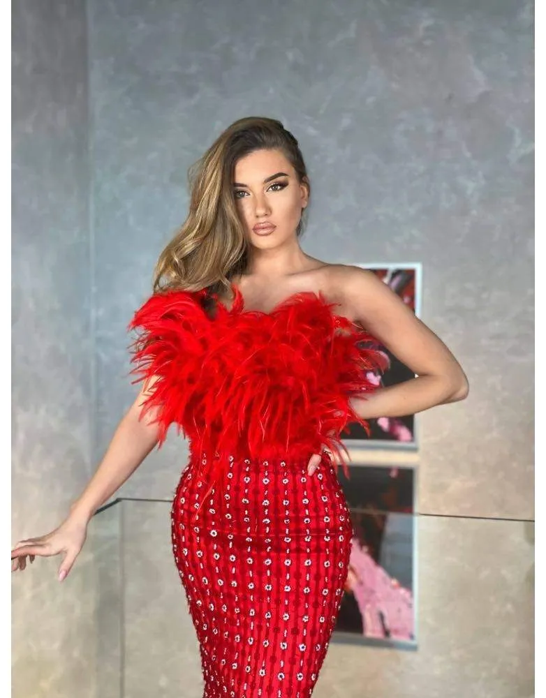 Luxury Evening Dress Red Fur