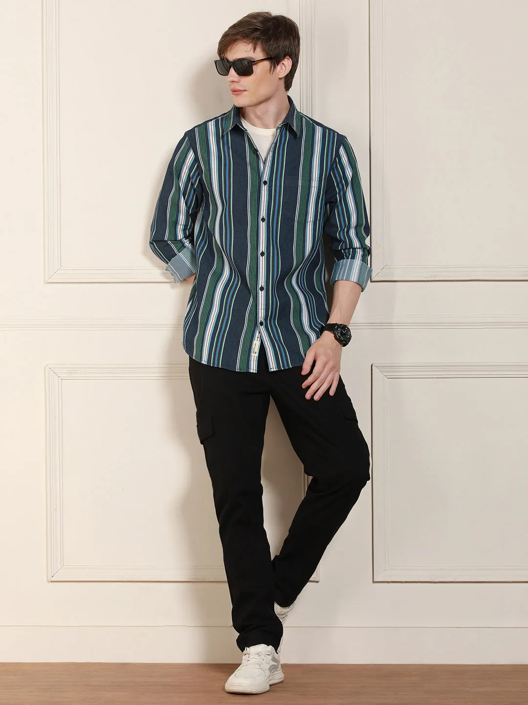 Men's Navy Cotton Striped Spread Collar Casual Shirt