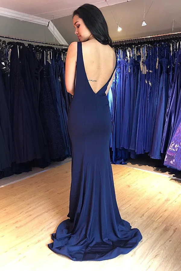 Mermaid Backless Sweep Train Dark Blue Prom LR24