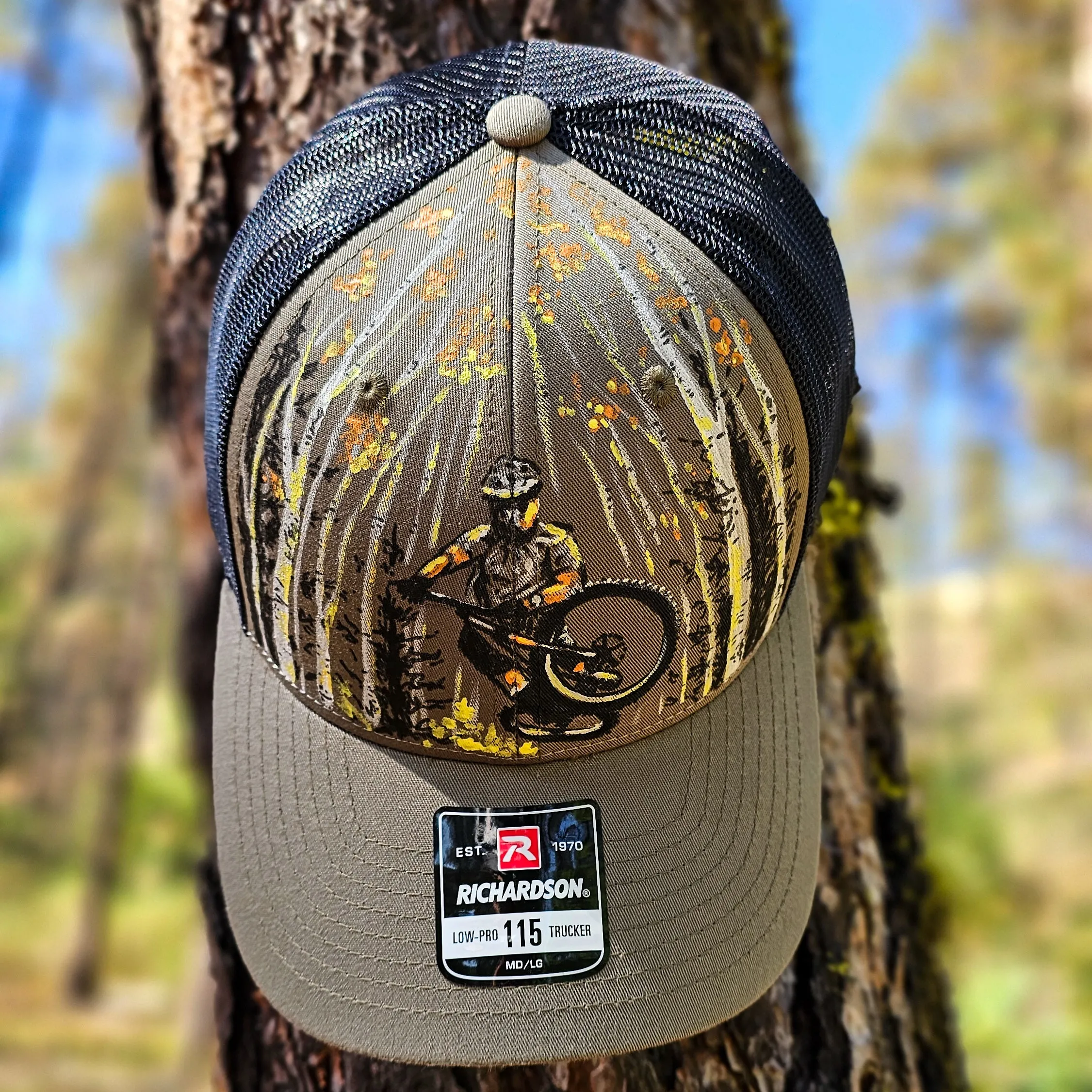 Park City Mountain Biker Trucker Hat - Hand Painted Aspen Forest Design