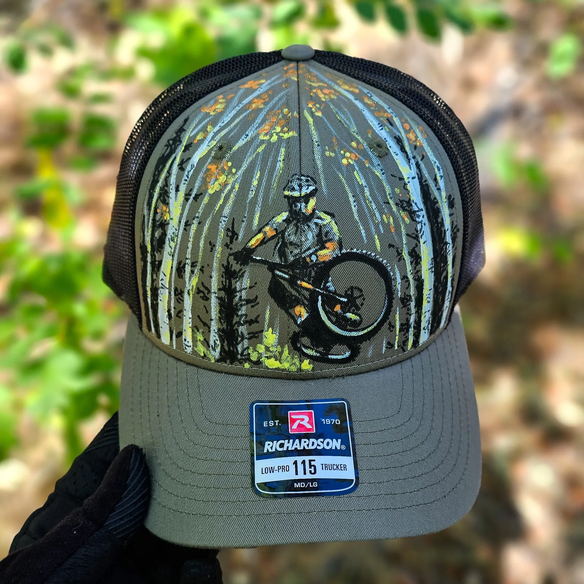 Park City Mountain Biker Trucker Hat - Hand Painted Aspen Forest Design