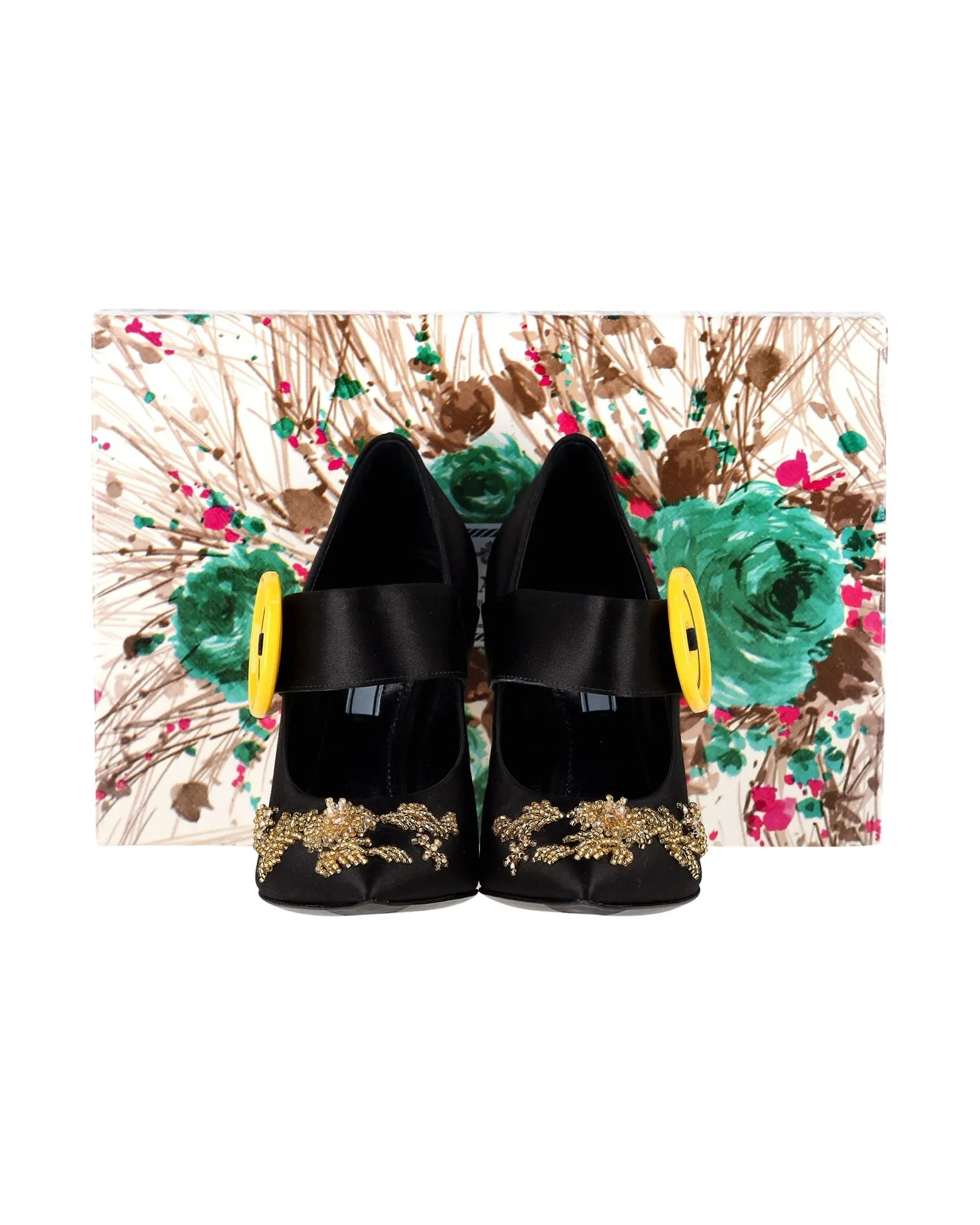 Prada Embellished Gold And Crystal Heel Pumps in Black Satin