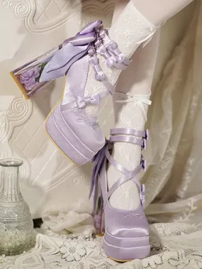 Purple Camellia Flower High Block Heel Elegant Platform High Heels