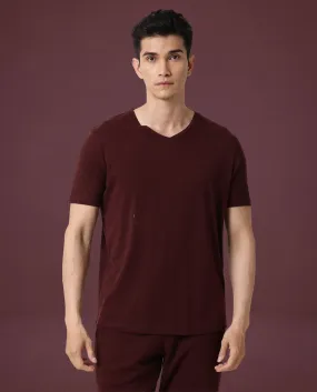 Rare Rabbit Articale Men's Cleok Maroon Solid V-Neck Relaxed Fit Half Sleeves T-Shirt