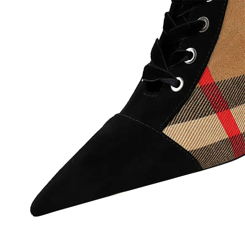 Winter Ankle Boots Slim High Heel Pointed Toe Plaid Lace-up Cross Strapping Boots