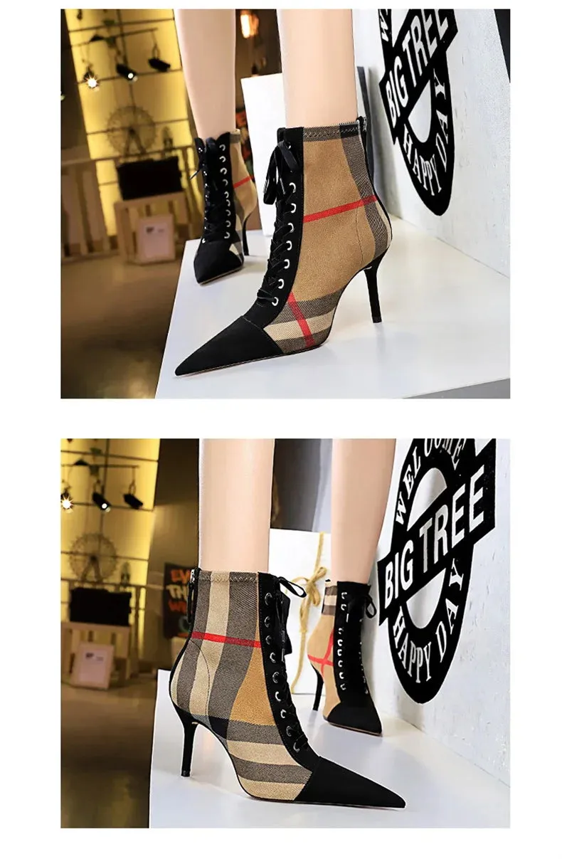 Winter Ankle Boots Slim High Heel Pointed Toe Plaid Lace-up Cross Strapping Boots